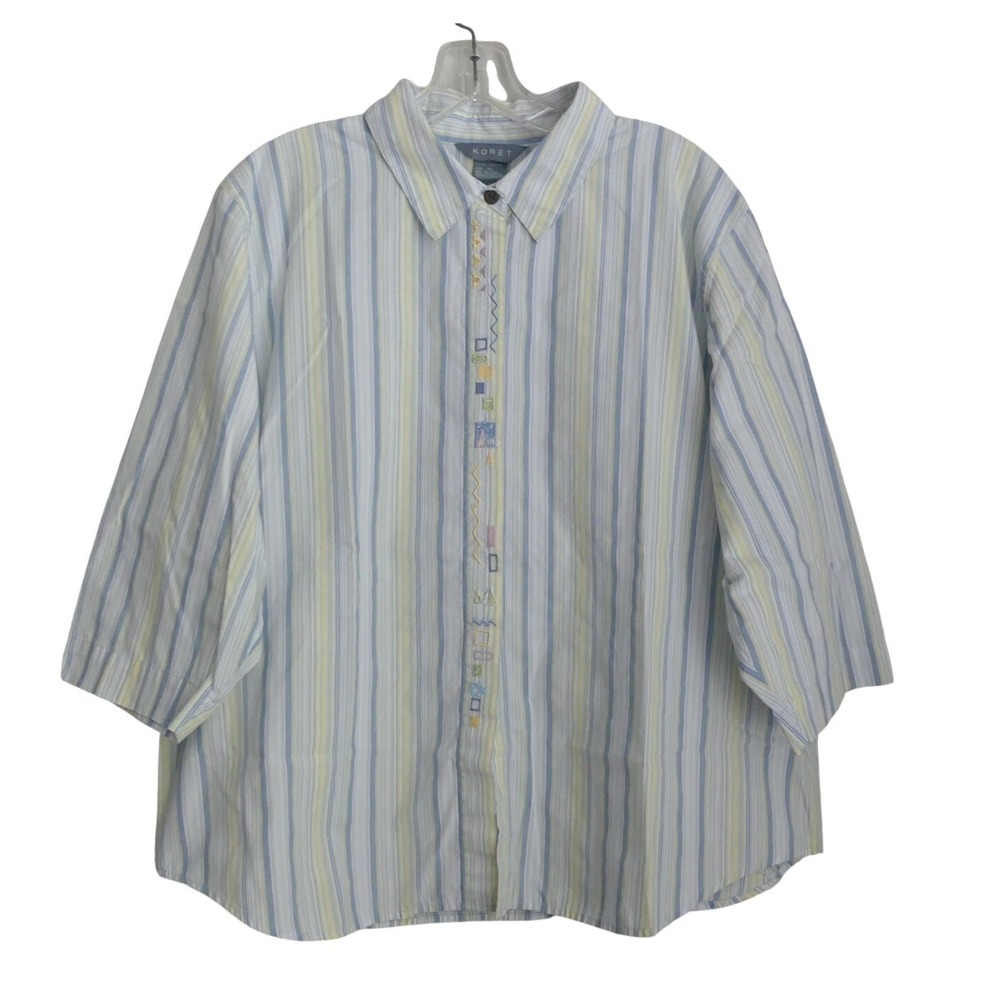 Koret Women XL Striped Button Front Shirt Embroidered 3/4 Sleeve Business Casual